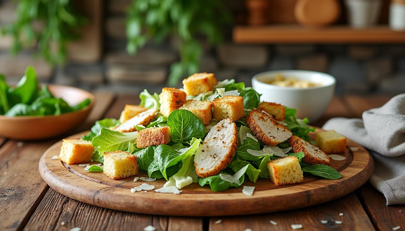 découvrez la recette authentique de la salade césar avec une sauce maison sans mayonnaise et des croûtons dorés au four. facile, savoureuse et idéale pour un repas léger ou en entrée raffinée.