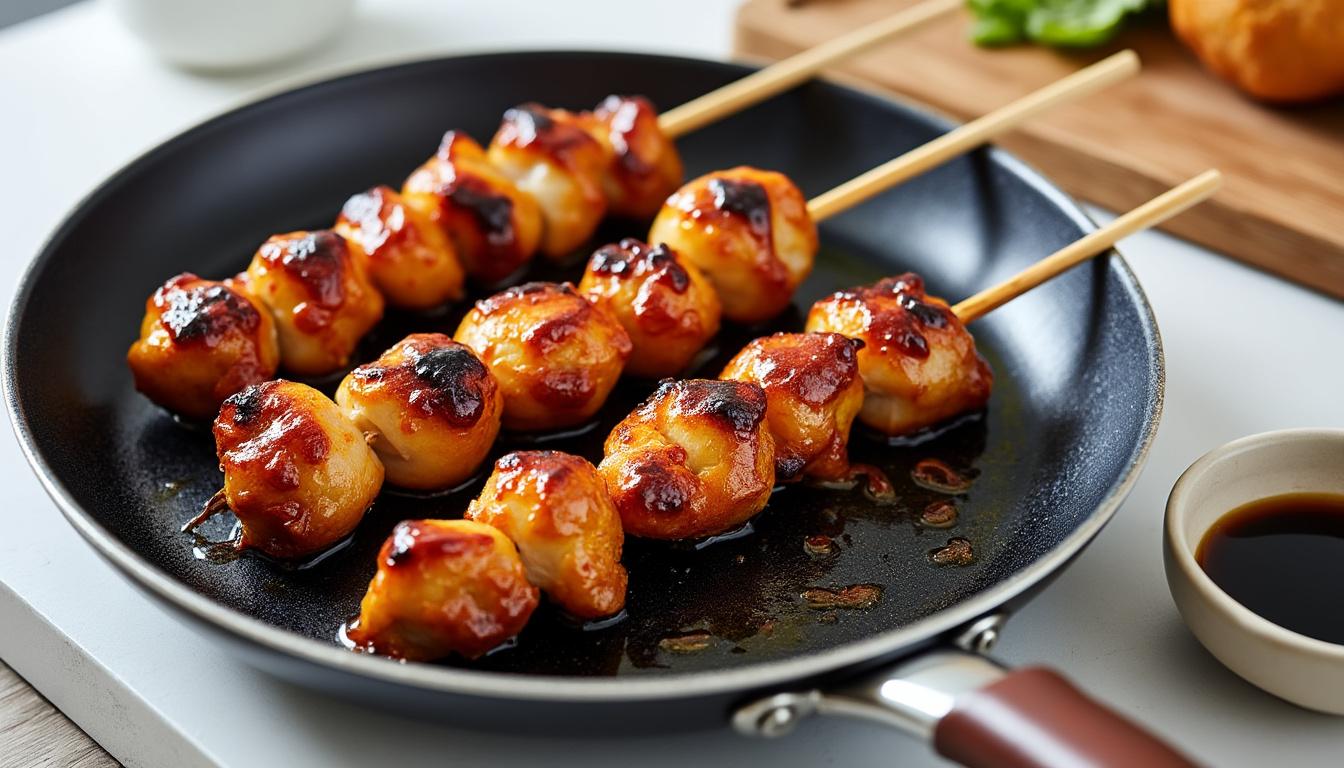découvrez notre recette facile de poulet yakitori avec une sauce teriyaki maison savoureuse et une caramélisation parfaite à la poêle pour un goût authentique.